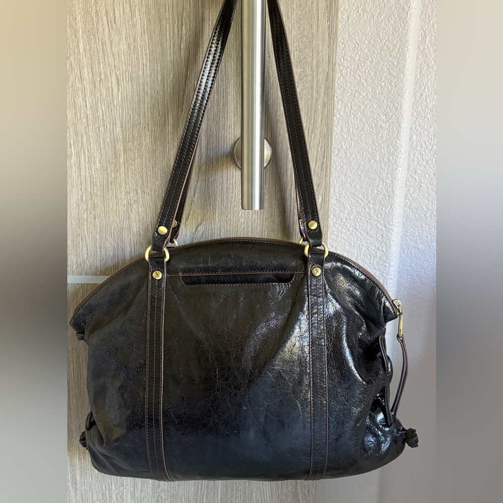 Hobo Black Distressed Leather Shoulder Bag – Brass-Tone Hardware - Picture 2 of 9